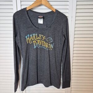 Harley Davidson Long Sleeve Gray Graphic Tee Motorcycles Top Biker Women's L RI